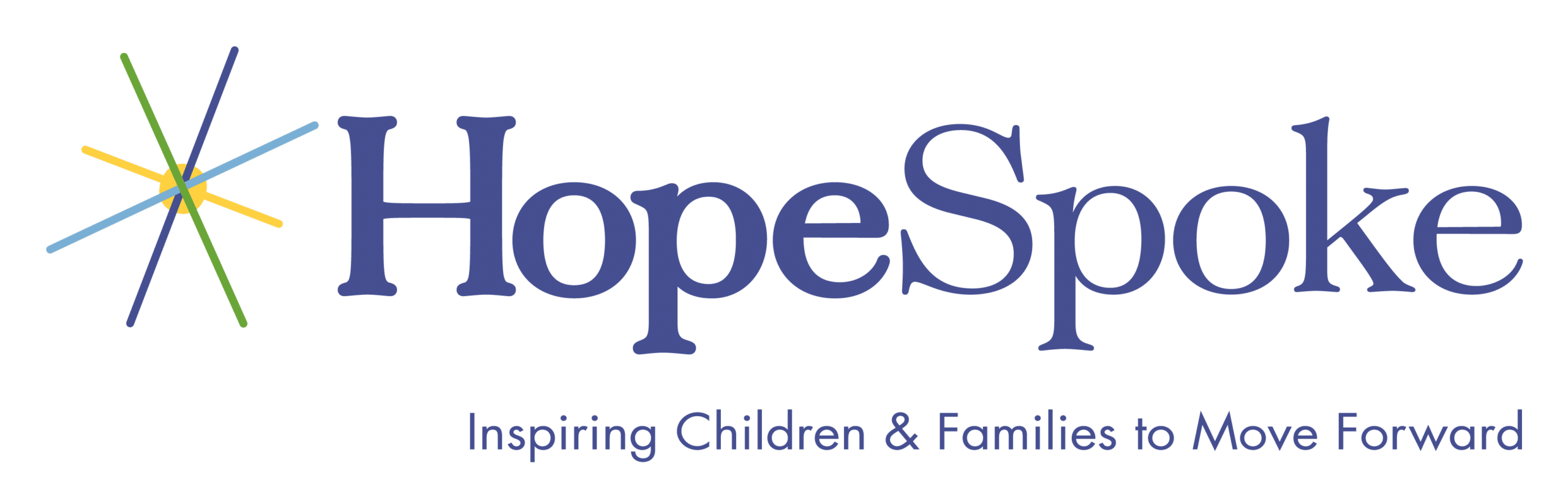 Logo of HopeSpoke with colorful star design and tagline: “Inspiring Children & Families to Move Forward” on a black background.