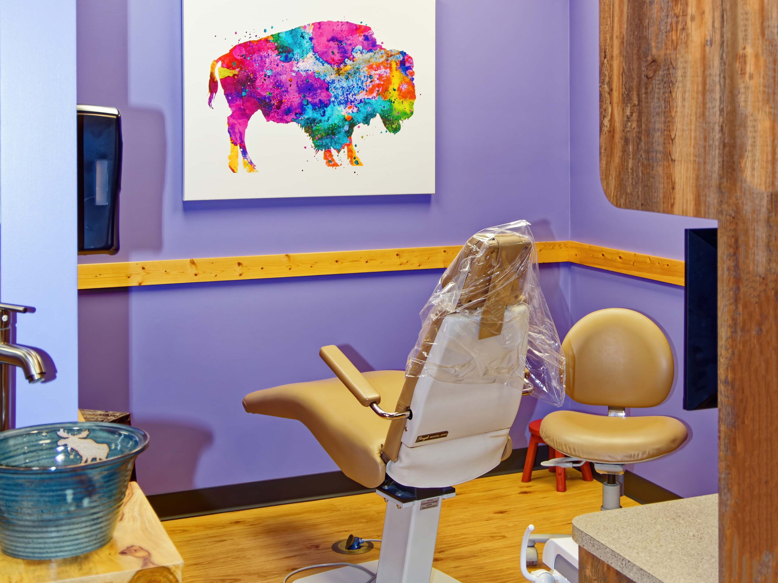 A colorful dental office with a purple wall features a dentist's chair, artwork of a bison, and modern decor elements.